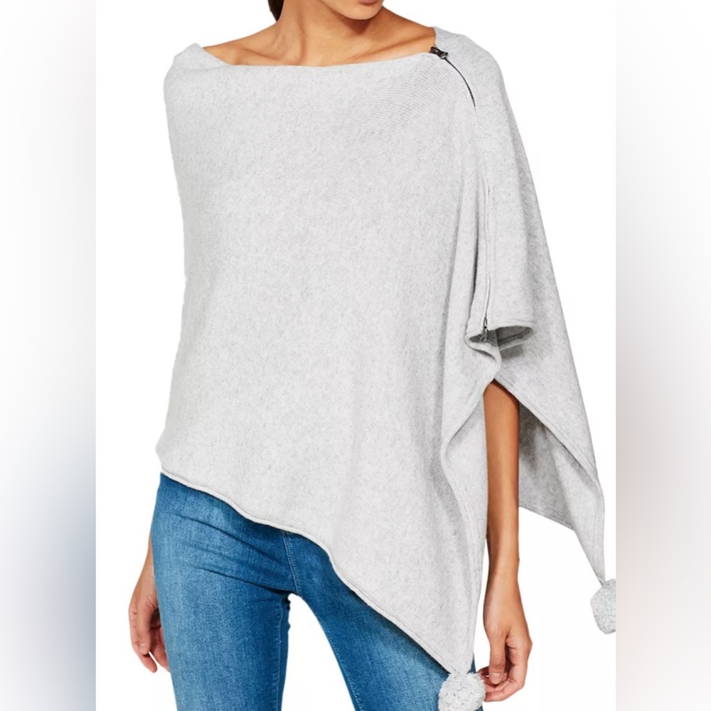 Mint Velvet Pom Pom Poncho, Silver Grey